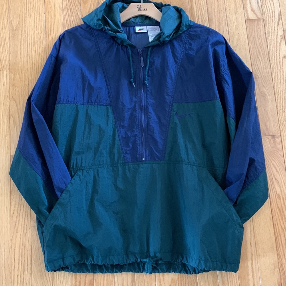 Vintage Nike 1/4 Zip Blue Green Windbreaker Pullover Jacket Big Swoosh on back